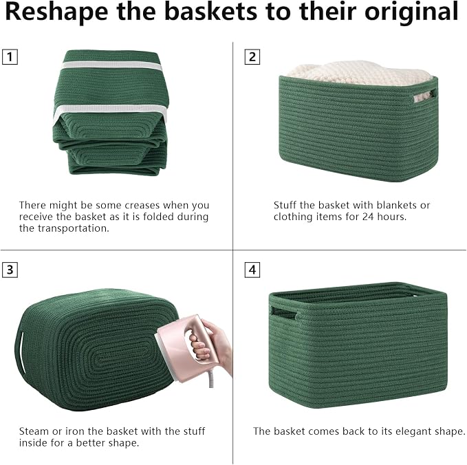 OIAHOMY 4 Pack Storage Baskets for Organizing, Cube Storage Bins for Shelves, Rectangle Storage Baskets With Handles, Woven Baskets for Storage, 12.7''Lx9''Wx7.8''H, Green