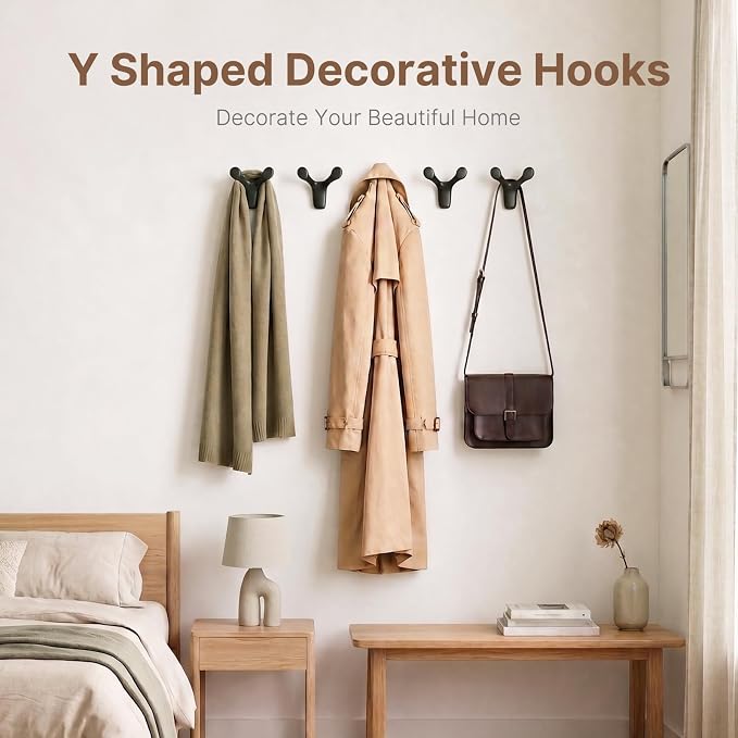Coat Rack Wall Mount, Decorative Double Hanger Hooks, 4Pcs Balck Hook, Premium Zinc Alloy Y-Shaped/Antler Hook for Towels, Bags, Hats, Cups & Keys, Ideal for Entryway, Bedroom, Bathroom, Kitchen