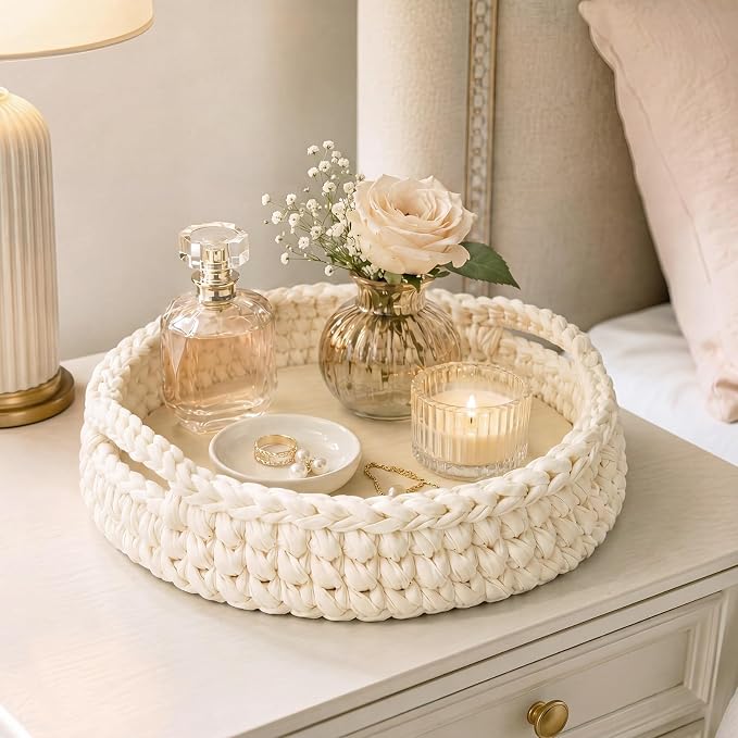 Crochet Serving Tray with Handle 12 Inch Handmade Knitted Woven Tray Round Rattan Basket Woven Cotton Rope Basket Boho Organizer Decorative Beige Macrame Decor for Farmhouse Storage Table