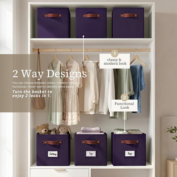 DECOMOMO Storage Bins, Cube Storage Bin with Labels | 10.5" x 11" Fabric Storage Cubes for Shelves (6pcs, Deep Voilet)