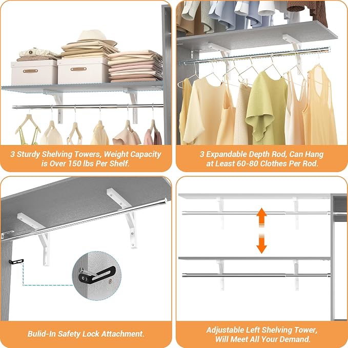8FT Closet System with 3 Wooden Storage Shelves, 96'' Closet Organizer System with 3 Hanging Rods, Wall Mount Bedroom Wardrobe Walk-in Closet, Adjustable Garment Rack from 5 to 8FT (Cut to Fit), Grey