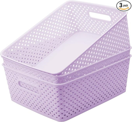 MaxGear 3 Pack Plastic Storage Baskets, Large, Purple | Durable Woven Plastic with Built-In Handles, Suitable for Shelves, Closets, Cabinets, Bathrooms and Offices