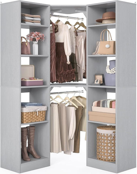 Besiost Corner Closet System with 12 Shelves, 39.2" Corner Organizer | L Shaped Closet with 2 Hanging Rods, Versatile 6-Tier Walk-in Closets for Corner Space, Grey (39.2" L x 39.2" W x 80" H)