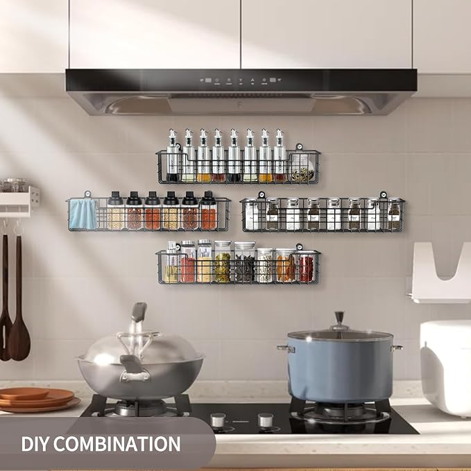 Spice Rack Organizer Wall Mount, Spice Organization Storage Shelf for Cabinet Door, 4 Packs Wall Spice Rack Saving Space for Kitchen, Black