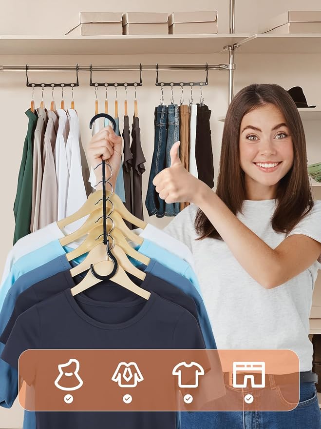 HOUSE DAY Space Saving Hangers, 8 Pack, Dorm Room Essentials for Girls | Space Saver Hanger Reinforced Hooks Swivels 360°, Cascading Hanger With 5 Holes, Sturdy Closet Organizers and Storage - Black