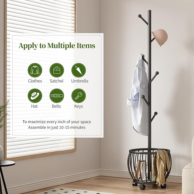 Coat Rack Freestanding Coat Stand with Basket 6 Hooks Wheels,Black | Metal Coat Rack Stand Coat Tree for Home Entryway Bedroom Living Room Office Corner Modern Organizer for Scarf Jacket Hat Bag