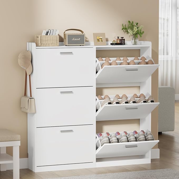 Modern Shoe Cabinet Organizer with 6 Flip Drawers, 47.2" W White | Freestanding shoe storage cabinet for entryway,foyer and hallway, space-saving flip drawers,Adjustable Shelves & 2 Hooks