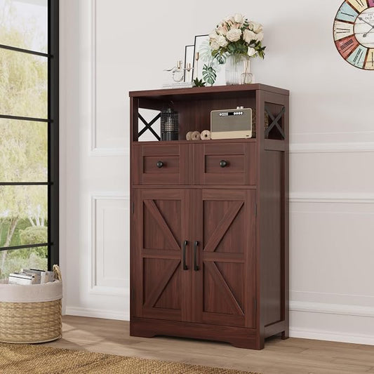 Farmhouse Accent Storage Cabinet with Drawers, Small Kitchen Pantry Cabinet | Coffee Bar Cabinet Cupboard, 2 Storage Drawers, 2 Barn Doors & Adjustable Shelves, for Kitchen/Entryway/Living Room/Bathroom