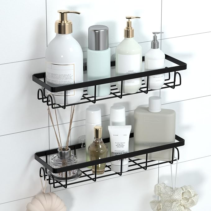 Shower Caddy Organizer with Hooks,Self Adhesive Bathroom Shelves,No Drilling Bathroom Organizers and Storage,Perfect for RV, Apartment, Home Decor,2 Pack Black