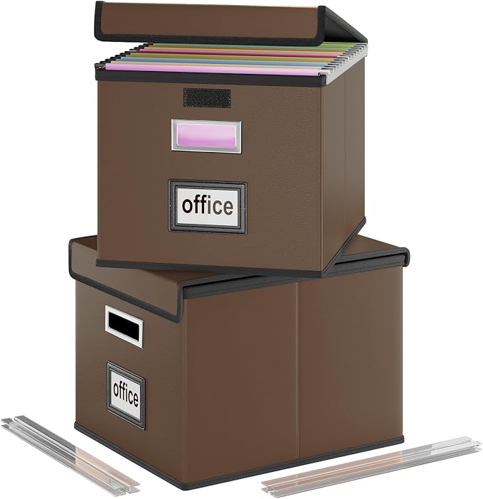 File Organizer Box with Lids, Collapsible File Folder Organizer | File Box with Plastic Slides for Document, Filing Bin for Letter Size Hanging File Folders (2 Pack, Dark Brown, Leather)
