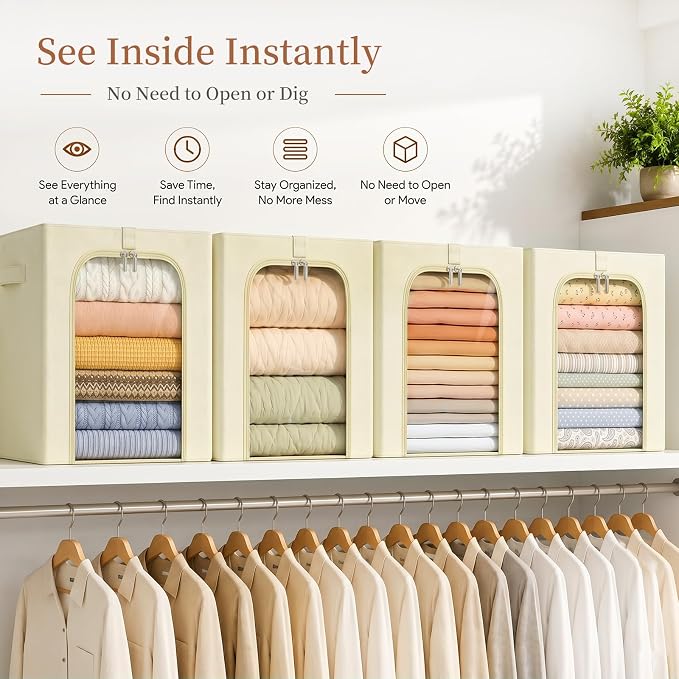 GoMaihe Blanket Storage Bins with Metal Frame for Closet, 55L 4-Pack Beige | Clothing Comforters Bedding Winter Coat, Closet Top Shelf, Collapse-Proof Stackable, Clear Window, Dual Access Space Saving