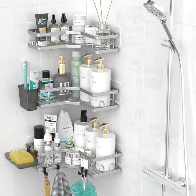 AKTECKE Corner Shower Caddy Bathroom Organizer: Adhesive Shower Rack Bathtub Shelves - 3Pack No Drilling Shower Shelf - Stainless Steel Rustproof Bath Tub Organizer