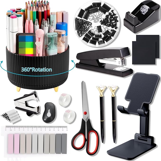 Office Supplies,Black Desk Accessories,Desk Organizer,Phone Stand,Scissors,Stapler,Tape Dispenser,Binder Clips,Staples,Staple Remover,Sticky Notes,Index Tabs,Clear Tape,Mini Box Cutter,Cool Pen.16pcs