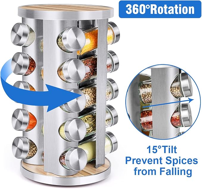CANTAMI Spice Rack Organizer with Jars for Cabinet(20Pcs), Revolving | Stainless Steel/Wooden Countertop Rack Tower Organizer for Kitchen Pantry with Reusable Labels/Funnel/Brushes