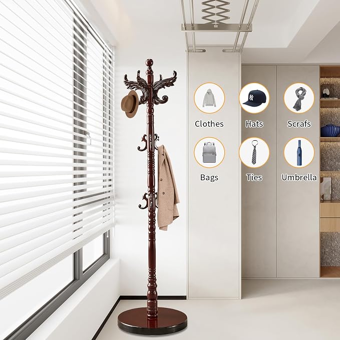 Snaikor Wooden Coat Rack Stand, Vintage Natural Birch Wood Coat Racks Freestanding, Solid Wood Coat Tree Stand with 14 Hooks, Classic Sturdy Coat Racks Hall Tree for Entryway, Office (Round chassis)