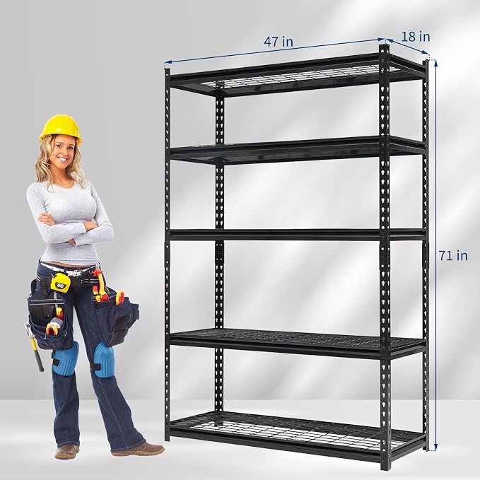 Heavy Duty 5-Tier Shelving Unit, 2500 LBS Capacity Storage Shelves for Garage Kitchen Pantry, Metal Adjustable Shelving for Basement Bathroom Laundry, 47" L x 18" W x 71" H