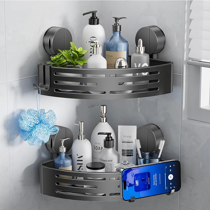 Suction Cup Shower Caddy,No Drilling Corner Shower Shelves Heavy Duty,Shower Organizer with Hooks,Rustproof Waterproof Space Aluminum Bathroom Storage,Home Accessories Decor