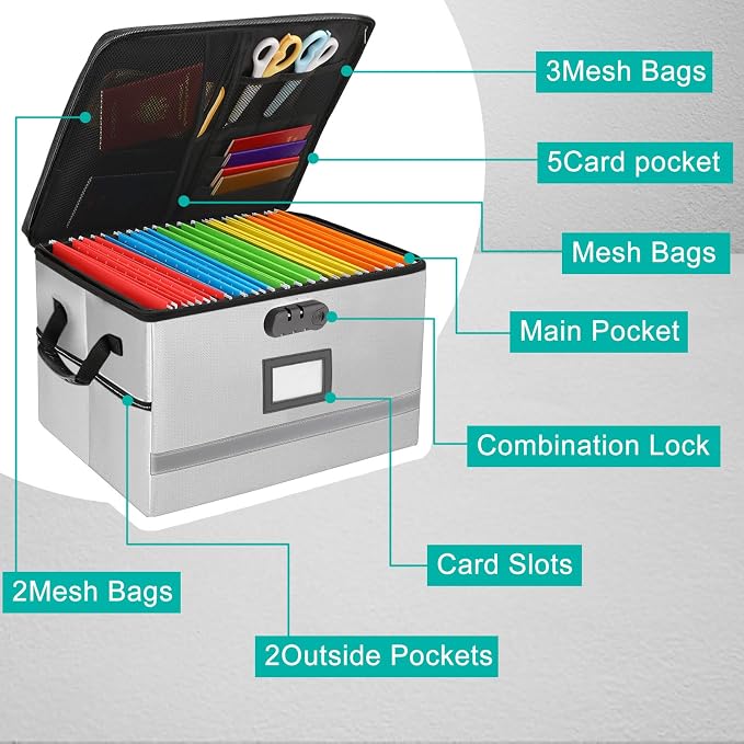 EXLIFBAG File Organizer, Fireproof File Box with Lids, Important Document Organizer Box with Lock, Portable File Folder Organizer with Handle