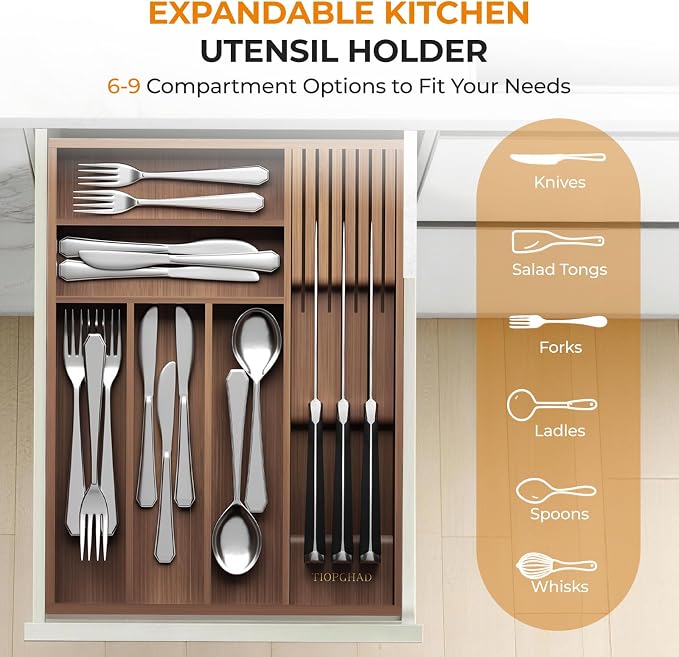 Small Bamboo Silverware Organizer Kitchen Utensil Tray, Brown | Removable Knife Block, Holds 7 Knives, Adjustable Dividers, 15.6 x 12 x 1.8 in, Drawer Insert for Utensils, Forks