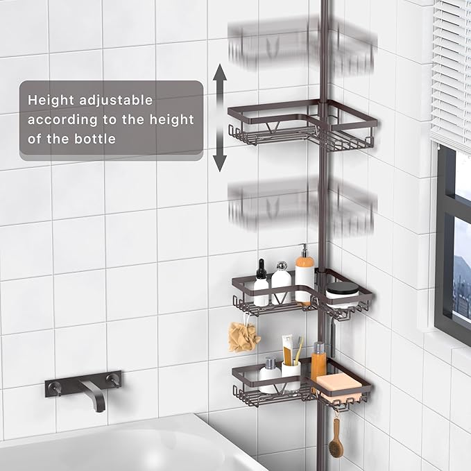KEGII 4-Tier Corner Shower Caddy Tension Pole, Bathroom Shelf, Bronze | Waterproof Rustproof Storage with Hooks and Soap Holder, Floor to Ceiling Design for Shower and Bathtub Organization