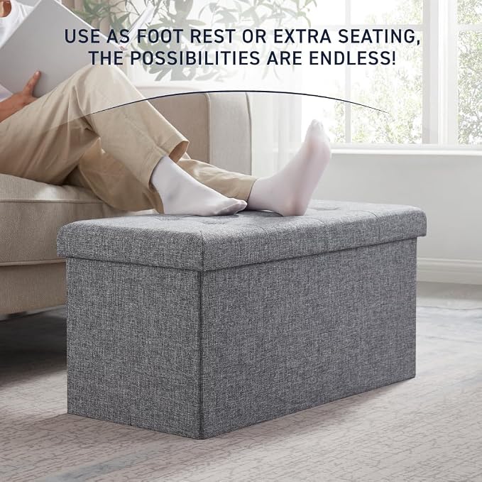 Ornavo Home 30 Inch Folding Storage Ottoman Bench, Tufted Linen, Gray | Upholstered Large Ottoman with Lid; Foot Rest Stool; Ideal for Bedroom, Living Room or Entryway