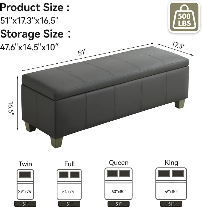 WUTUTUEE 51" Faux Leather Storage Ottoman, Stitch Tufted Rectangle Upholstered End of Bed Storage Bench, Entryway Large Couch Ottoman with Wooden Legs,Dark Grey
