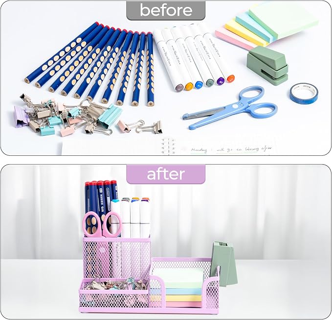 M&G Mesh Pen Holder Desk Organizers Pencil Holder for Desk Purple, 3 Compartments Metal Office Supply Organizer with Sticky Notes Holder for Home Office