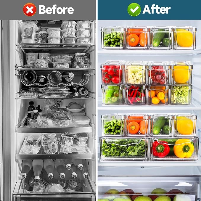 14 Pack Fridge Organizers and Storage - Refrigerator Organizer Bins with Lids, BPA-Free Fridge Organization, Fruit Storage Containers for Fridge, Vegetable, Food, Drinks, Cereals, Clear | with Lids, BPA-Free Fridge Organization, Fruit Storage Container...