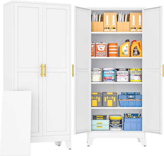 PAOFIN 71" Metal Storage Cabinet with 2 Doors and 4 Adjustable Shelves,White Metal Garage Storage Cabinets, File Cabinet,Steel Tool Cabinets for Home,Office,Garage,School,Warehouse