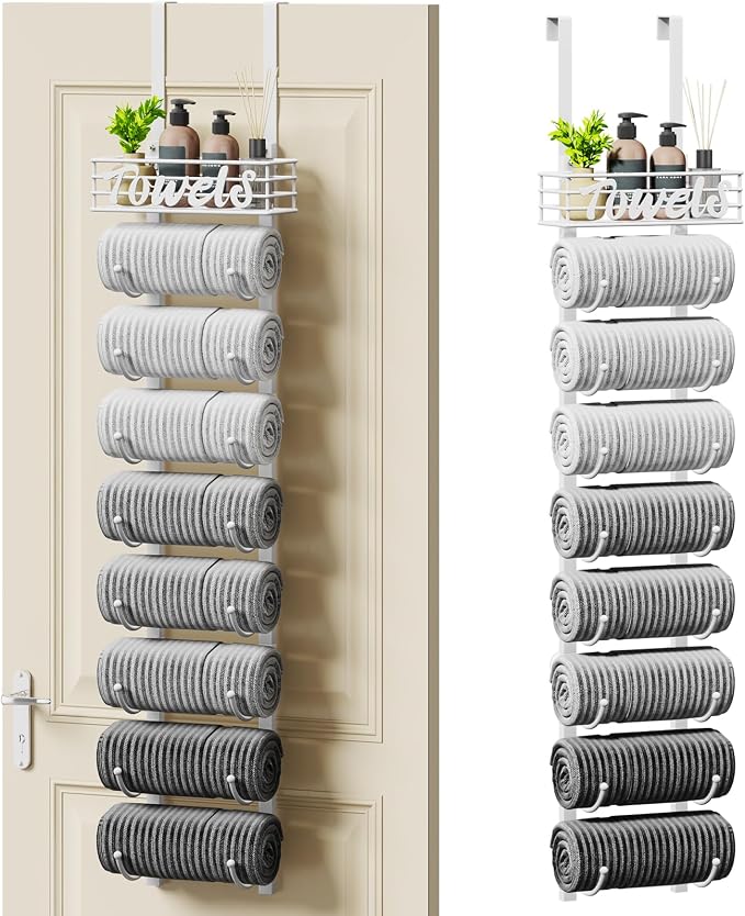 SWTYMIKI Hanging Towel Racks for Bathroom - 9 Tier Over the Door & Wall Mounted Bath Rolled Towel Storage Organizer Holder for Small Bathroom, RV, Camper, White (Patented)