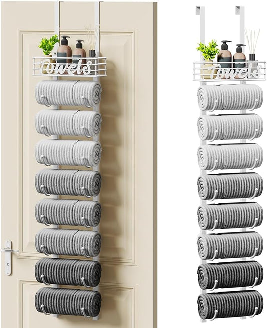 SWTYMIKI Hanging Towel Racks for Bathroom - 9 Tier Over the Door & Wall Mounted Bath Rolled Towel Storage Organizer Holder for Small Bathroom, RV, Camper, White (Patented)