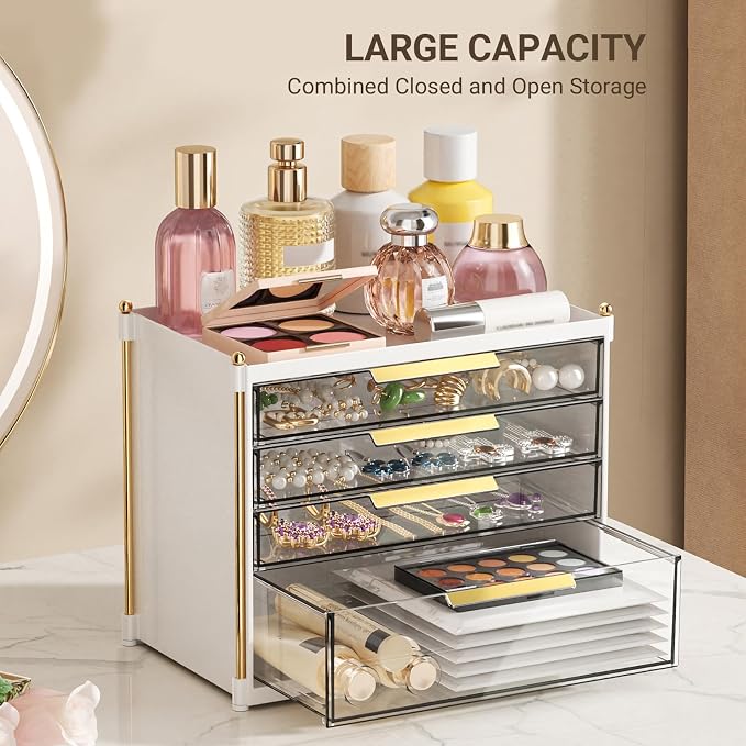 Aveniee 4 Drawers Makeup Organizer- Bathroom Organizers and Storage, Plastic Bins Countertop Perfume Vanity Desk Organization for Cosmetic, Skincare, Face Mask, Jewelry, White