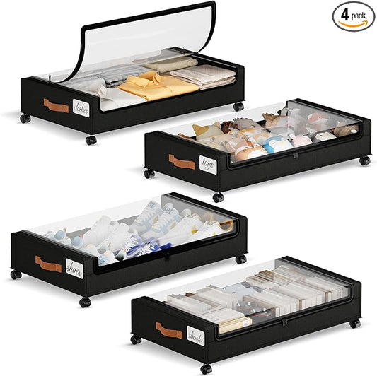 Yecaye Under Bed Storage with Wheels, 4 Pack Under the Bed Storage Containers with Lids & Label, XXL 60L Rolling Underbed Storage Drawers for Clothes, Blankets, Shoes, Black