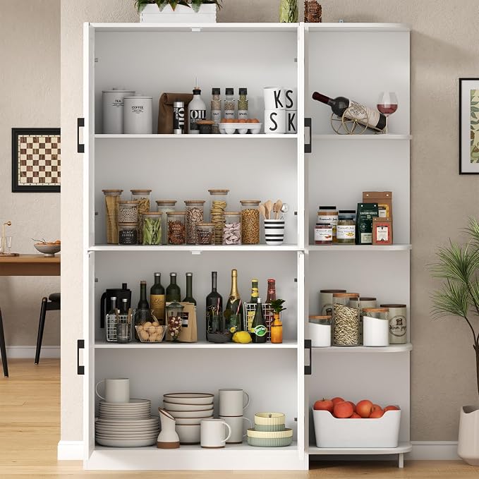 Kitchen Pantry Storage Cabinet, 64" Tall Freestanding Cupboard with Doors & Adjustable Shelves, Food Pantry Cabinet with 5-Tier External Shelf for Dining Room (White)
