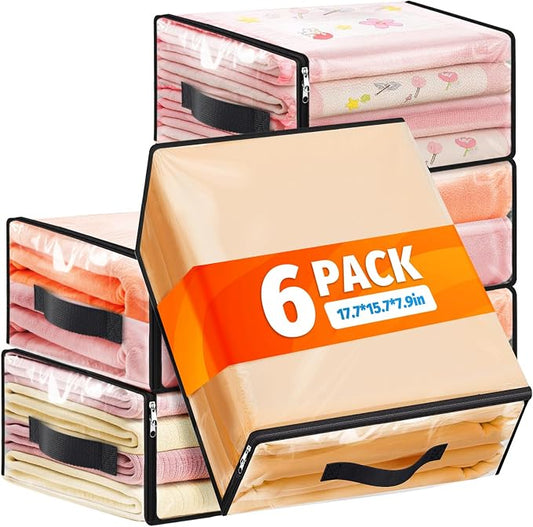 SpaceWhisper Clear Sheet Storage Bags, 6 Pack, 17.7 x 15.7 x 7.9 in | Sheet organizers and storage, zippered closure, thick plastic, reinforced handles, clothes, blankets, under-bed storage