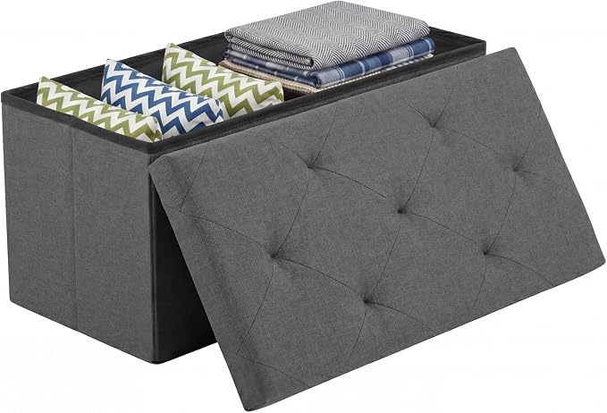 DUMOS 30 Inch Foldable Storage Ottoman Bench, Gray Ottoman with Storage | End of Bed Foot Stool with Foam Padded Seat, Linen Fabric Hidden Storage Chest for Bedroom, Living Room, Loads 660 LBS
