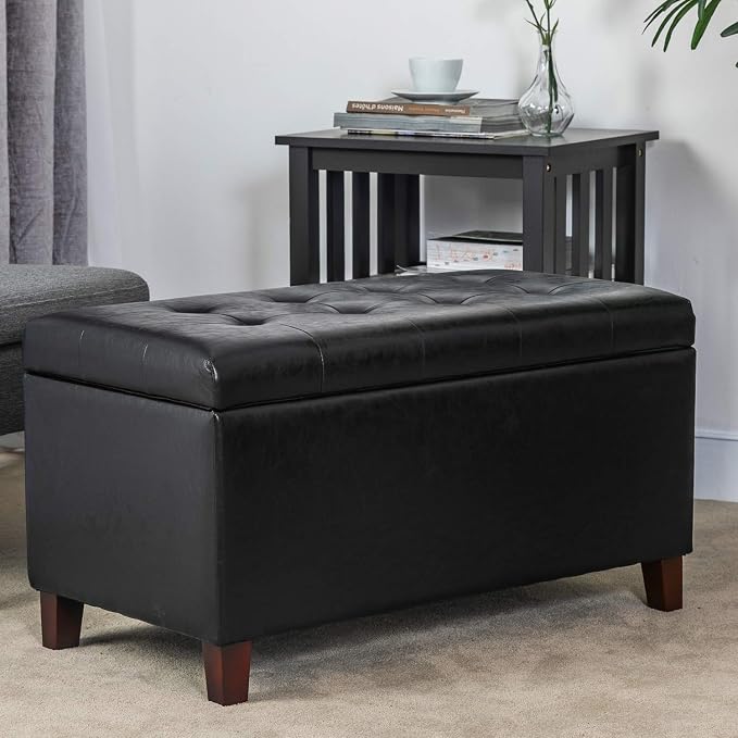 Storage Ottoman Bench, 33" Faux Leather Upholstered End of Bed Bench with Safety Hinge,Wooden Legs,for Entryway Bedroom Living Room,Black
