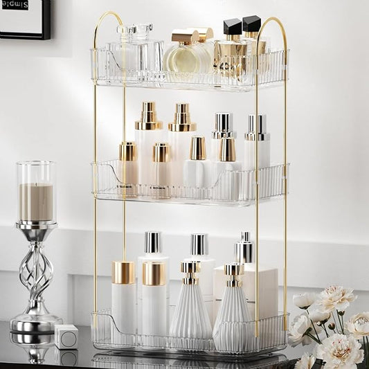 YCIA&DONE Bathroom Organizer Countertop, Makeup Storage, Skincare Cosmetic Tray Shelf, Perfume Holder Rack for Vanity Counter, Large Capacity, Easy to Install, Clean, 3 Tiers, Clear White