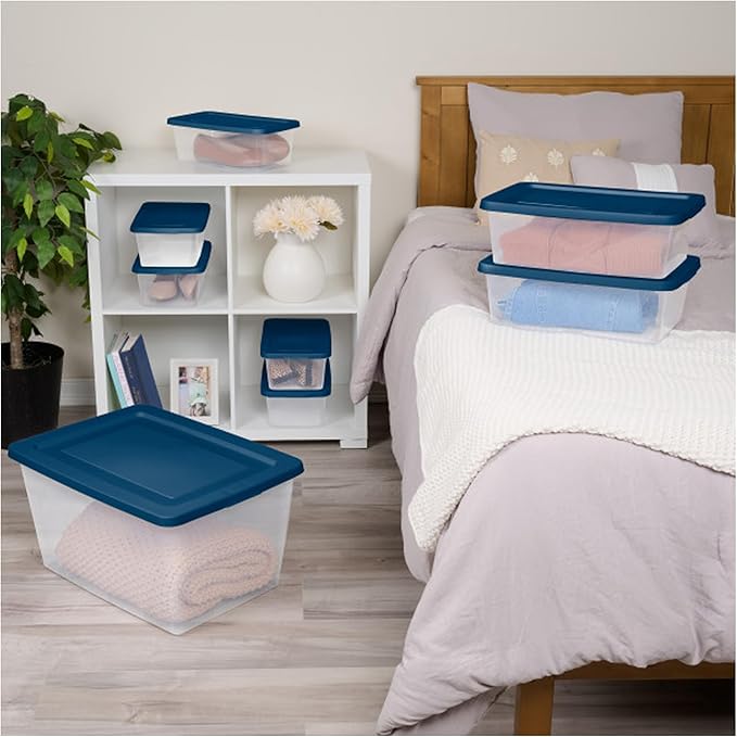 Sterilite 24 Pack Storage Boxes, Clear Plastic Stackable Containers, Lightweight Home Organizers with Snap Lids, 58 Quart, Marine Blue