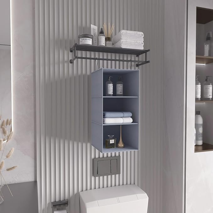Hanging Closet Organizer 3-Shelf, Oxford Fabric Wardrobe Storage, Gray | Easy-mount foldable design holds clothes, handbags, shoes & accessories; washable Oxford fabric, sturdy and space-saving.