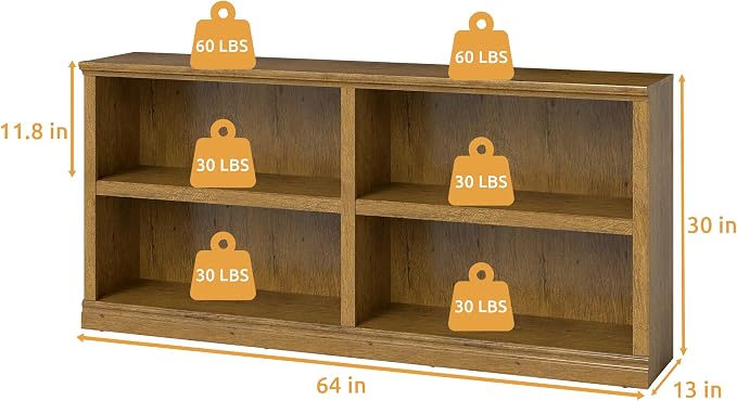 64" W Double Wide Open Shelf Bookcase, 2 Tiers 4 Storage Cube Book Case | Horizontal Bookshelf, Display Cabinet Organizer Indoor Furniture, Home Library Office, Vintage Oak Adjustable Shelf