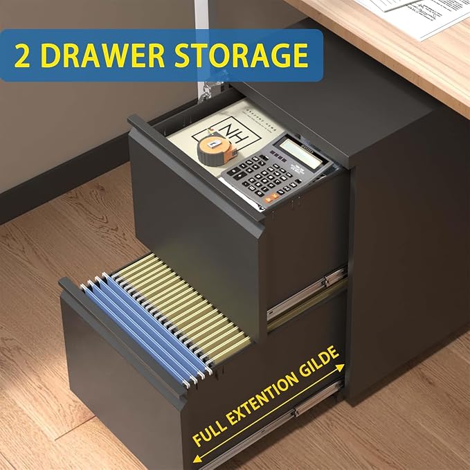 Guizeeopo 2 Drawer Locking File Cabinet, Fully Assembled Heavy-Duty Metal Filing Cabinets for Home Office, Quiet Slides, Anti-Tipping Wheels, Fits A4/Letter/Legal, Matte Black