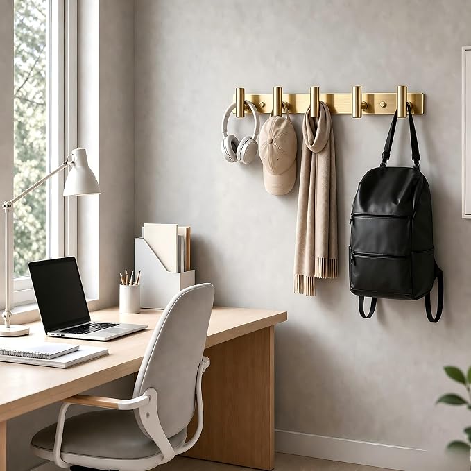 Wall Mounted Coat Rack-5 Hooks, Heavy Duty Stainless Steel Wall Hooks for Towel Coat Bag, Hat Rack Coat Hanger Coat Hooks Towel Racks for Bathroom Entryway Kitchen Hotel Office (Gold, 1 Pack)