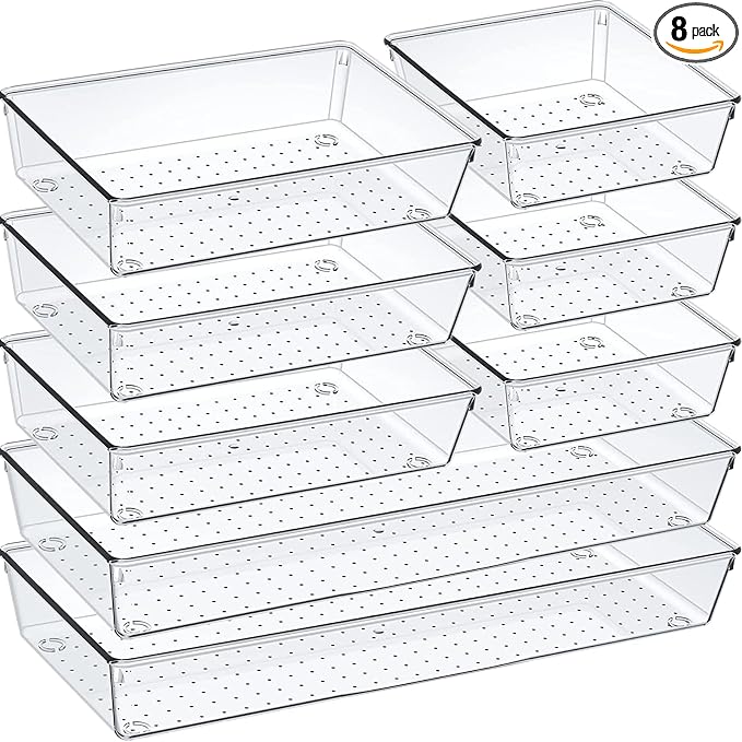 Drawer Organizer Set, Acrylic Non Slip Non Cracking Kitchen Drawer Storage Tray Large Size Divider, Multifunctional Storage for Cosmetics, Bathroom, Tools, Kitchen and Office (8 PACK)