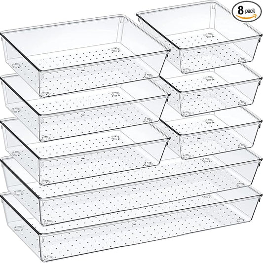 Drawer Organizer Set, Acrylic Non Slip Non Cracking Kitchen Drawer Storage Tray Large Size Divider, Multifunctional Storage for Cosmetics, Bathroom, Tools, Kitchen and Office (8 PACK)