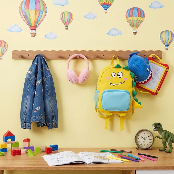 Leinuosen 2 Pack Scalloped Coat Rack Wall Mount Cute Nursery Wall Hook 16 Inch 8 Hooks Wood Backpack Hanger for Toddler Kids Clothes Hat Towel Keys Bathroom Classroom Playroom Nursery Decor