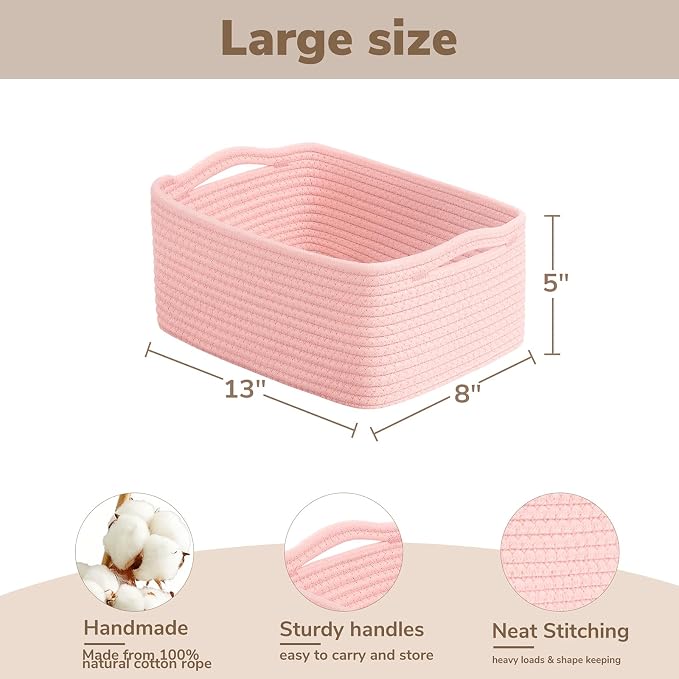 Goodpick 3-Pack Storage Baskets, Dorm Decor for Gifting, 13 x 8 x 5 in | Woven Baskets for Shelves, Closet Organizer Bins,Empty Baskets for Gifts, Woven Basket for Play Room, Pink