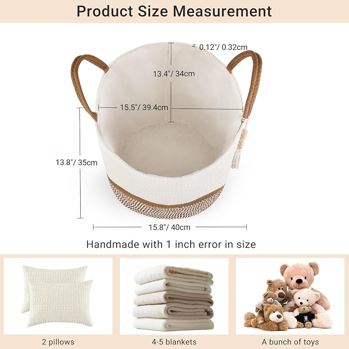 Mkono Woven Storage Basket for Blanket, Toys Plant Organizer, 16"W x 13.8"L | White and Brown, Decorative Basket with Handle, Wood Beads Tassel, Shoes Clothes Storage Bin, Living Room Bedroom Nursery