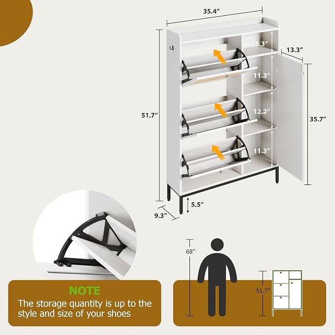 Garvee Shoe Cabinet with 3 Flip Drawers and 4-Tier Shoe Storage Cabinet, Freestanding Shoe Organizer with Adjustable Shelf and Rattan Doors for Entryway, Closet, Hallway