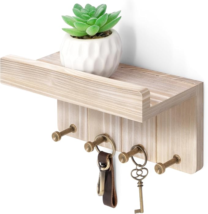 Rebee Vision Key Holder Wall Mount with 4 Hooks for Entryway, Natural Wood | Key and Mail Holder for Wall, Mini Floating Shelf, Mail Organizer, Perfect for Apartment Essentials, Compact Storage
